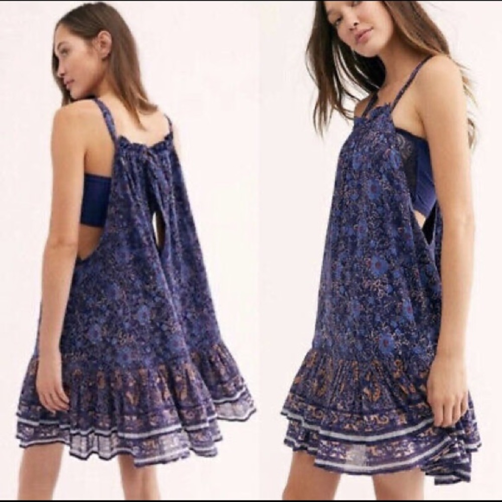 Free People Dress Halter Mini Swing Dress Floral Ruffle Hem Blue Lined S NEW